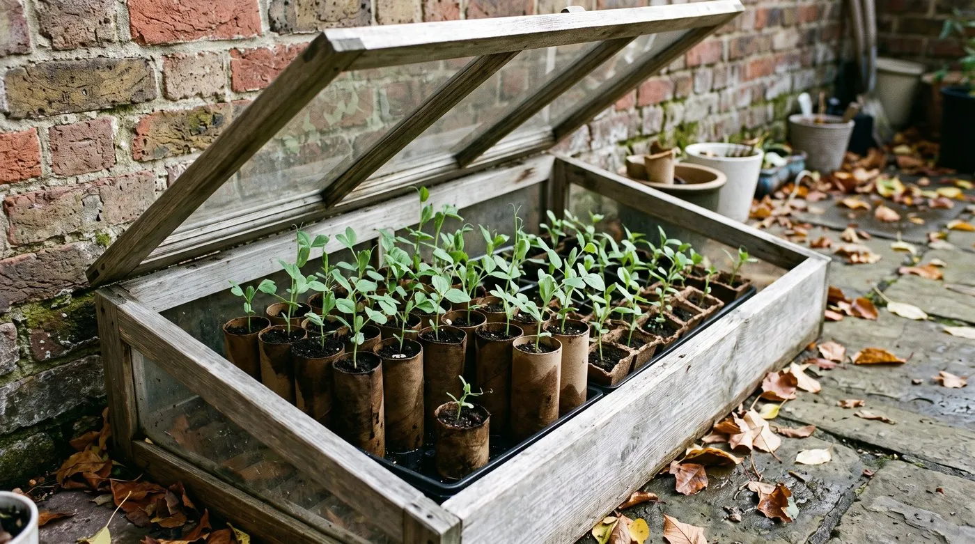Autumn-sown sweet pea seedlings in deep tubes inside a wooden cold frame in October