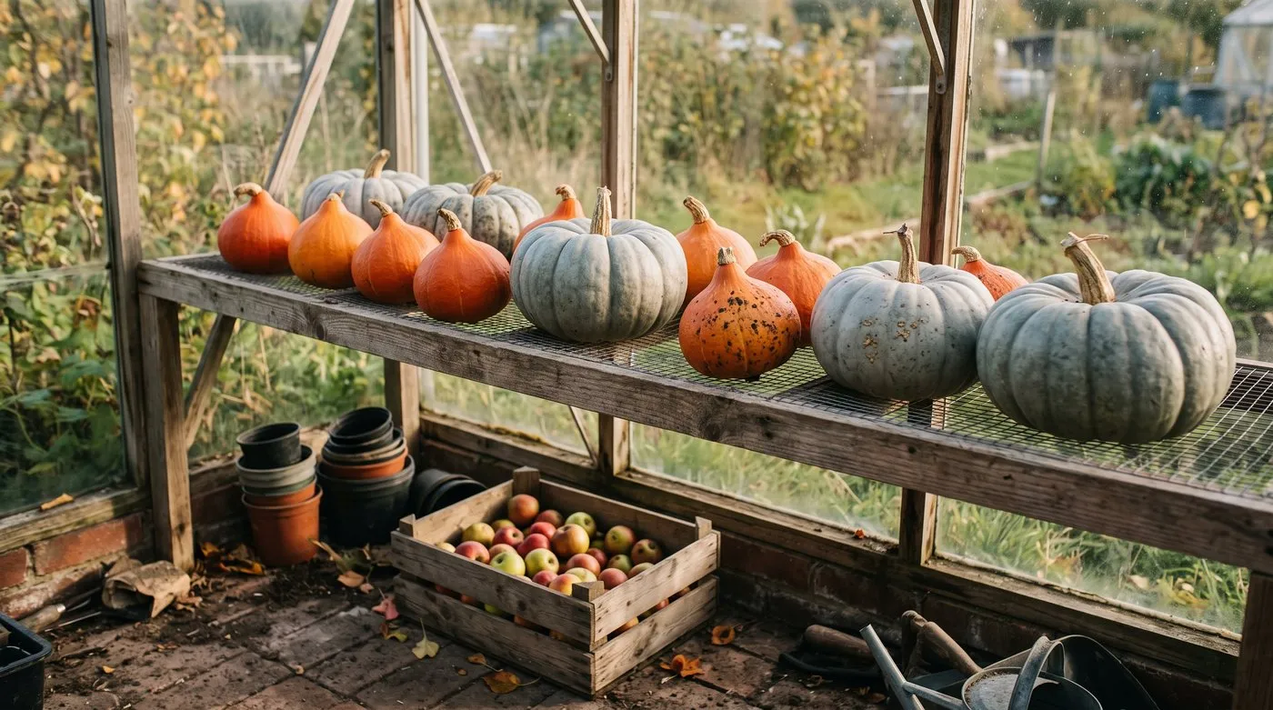 Winter squash with short stalks curing on a sunny greenhouse shelf beside a crate of apples