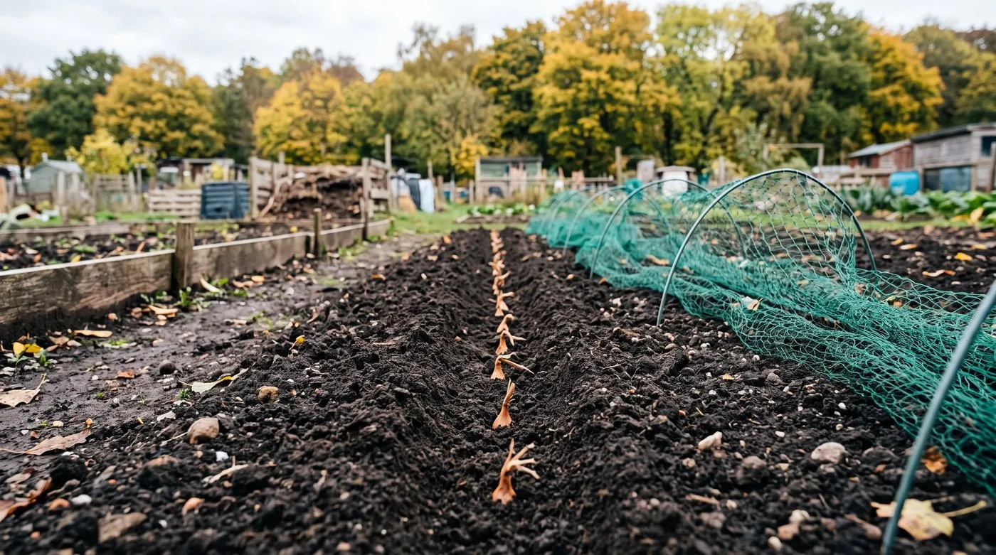 Row of autumn onion sets planted 10cm apart with tips showing, with netting hoops ready on an allotment