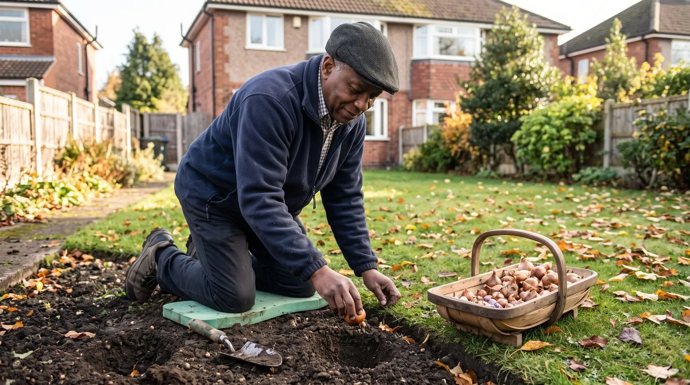Retired man planting daffodil bulbs in a garden border in October with a trug of bulbs
