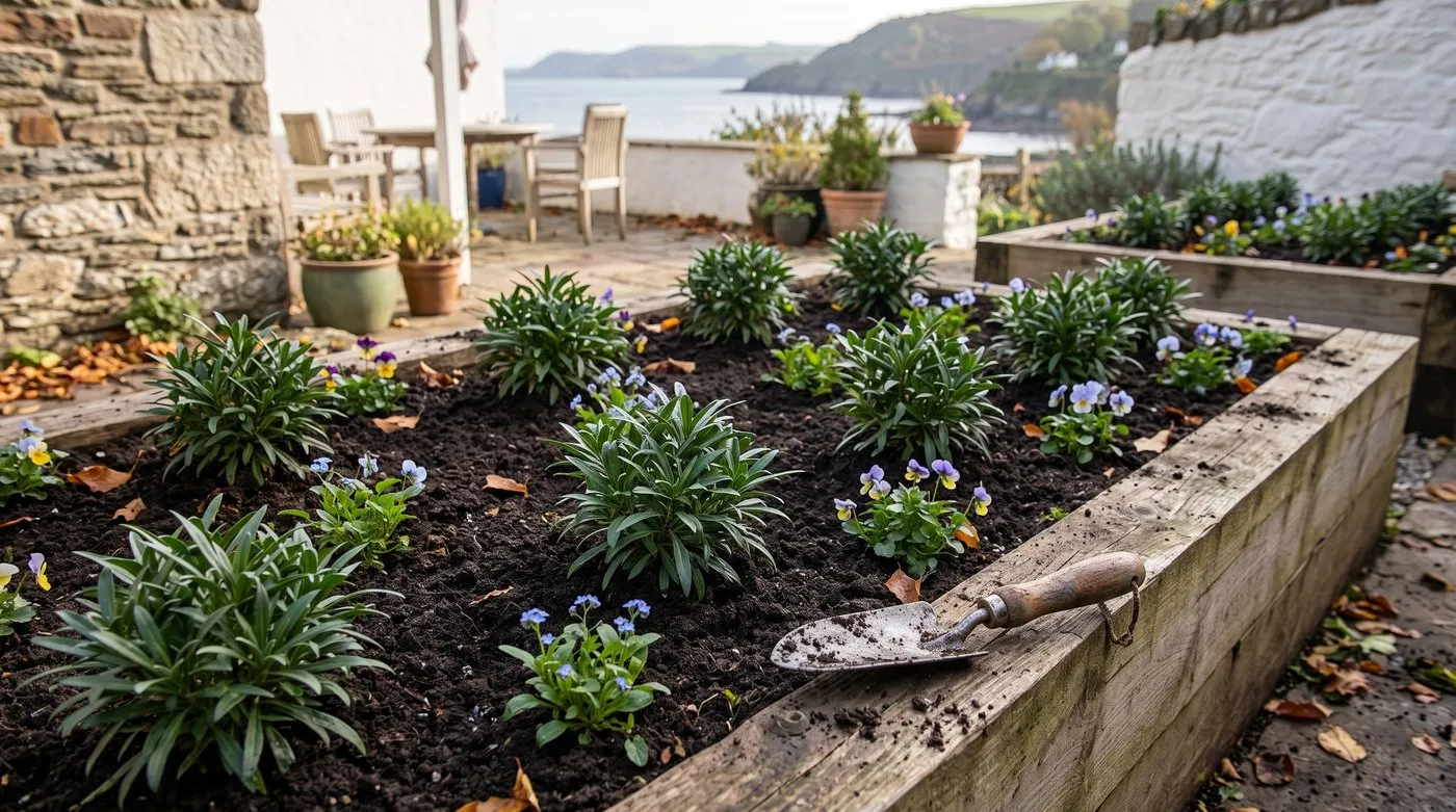 Young wallflower plants set out in a sunny bed with violas and forget-me-nots in October