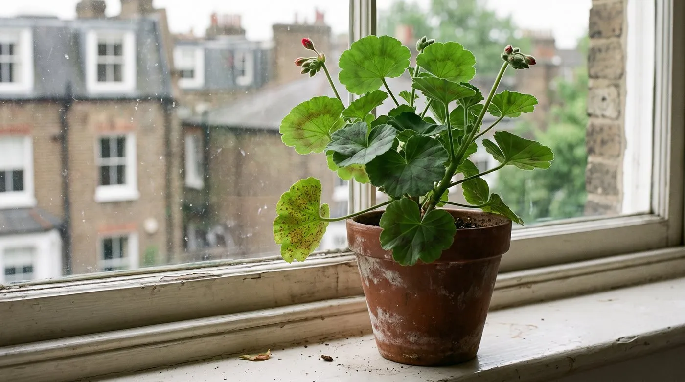 Pelargonium in a pot with corky bumps on older lower leaves and smooth clean new leaves at the top
