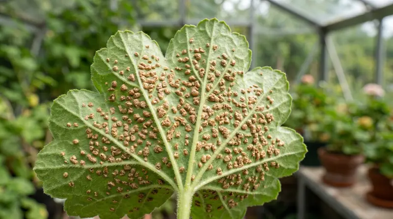 Underside of a pelargonium leaf covered in raised corky oedema bumps in a UK greenhouse