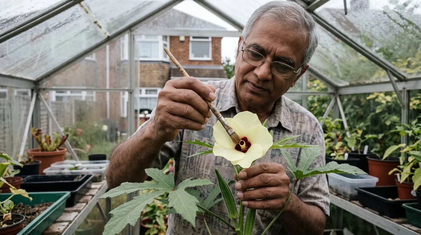 Gardener hand pollinating an open yellow okra flower with a small paintbrush in a greenhouse