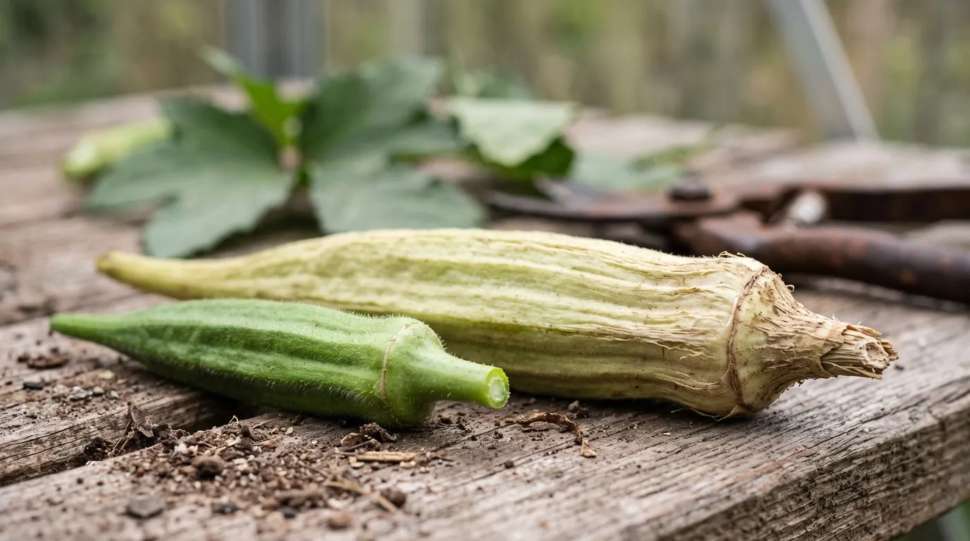 A tender 7cm okra pod next to an overgrown, woody pod on greenhouse staging