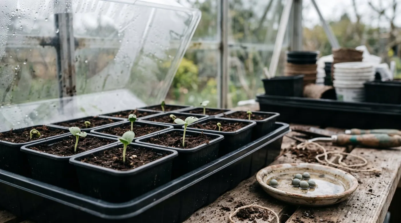 Okra seedlings, one per pot, coming up in a heated propagator in a UK greenhouse