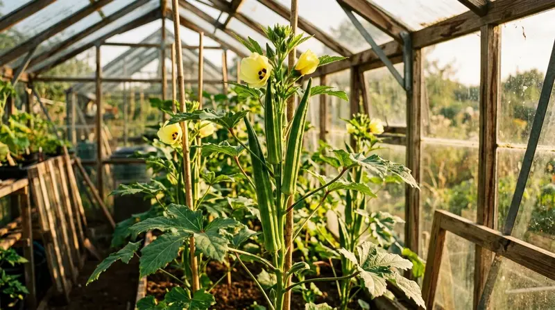 Okra plants with yellow flowers and developing pods growing in a UK greenhouse
