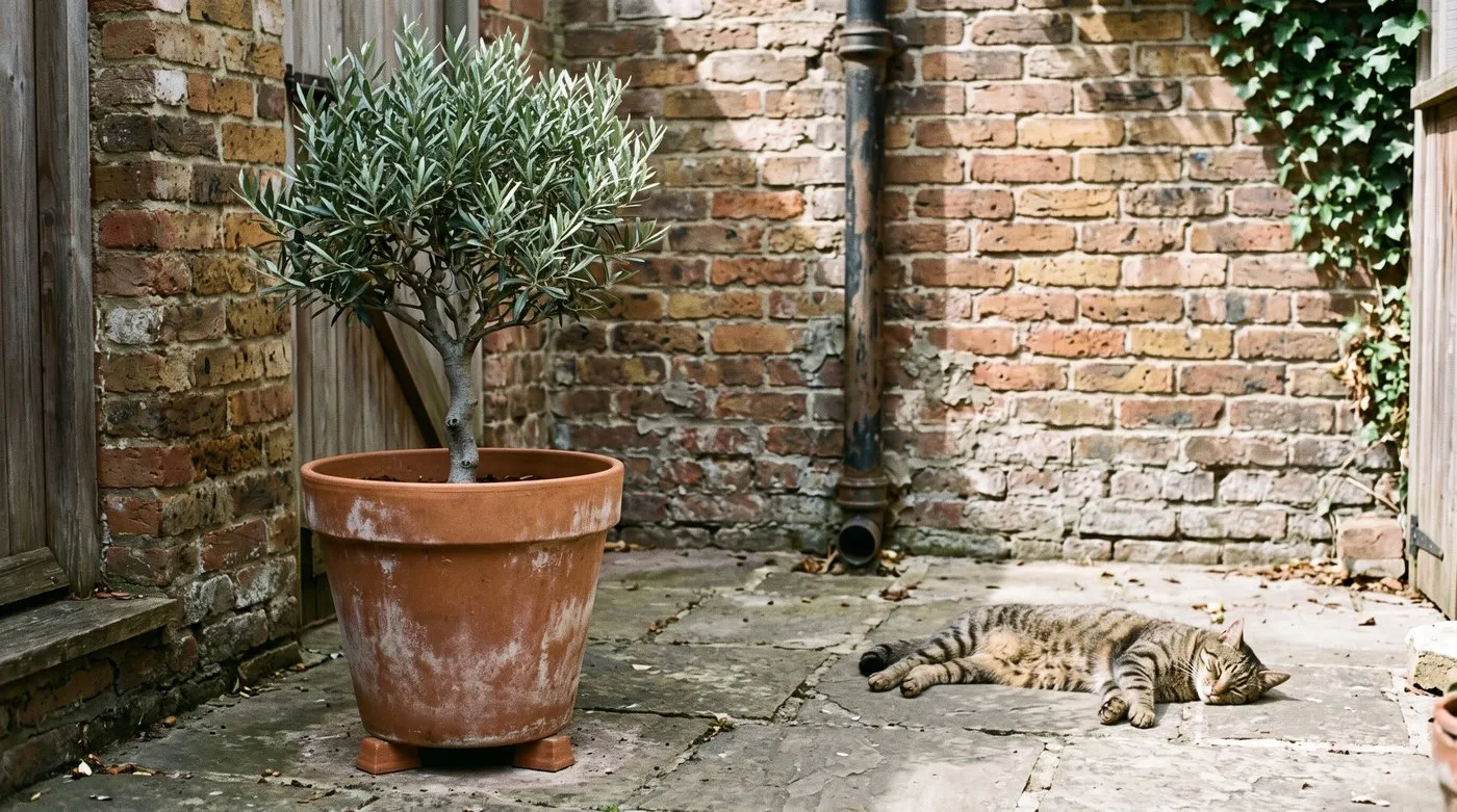 Olive tree in a large terracotta pot on feet in a sunny city courtyard, with a cat resting nearby