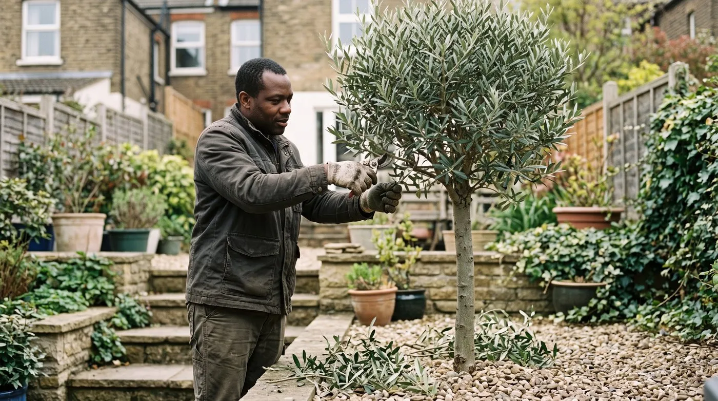 Gardener pruning a crossing branch from a lollipop olive tree in late spring