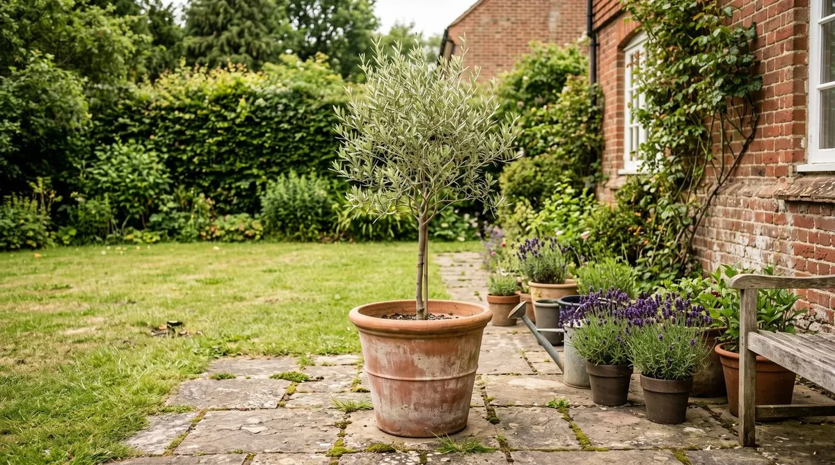 An olive tree in a large terracotta pot on a sunny patio of a UK garden