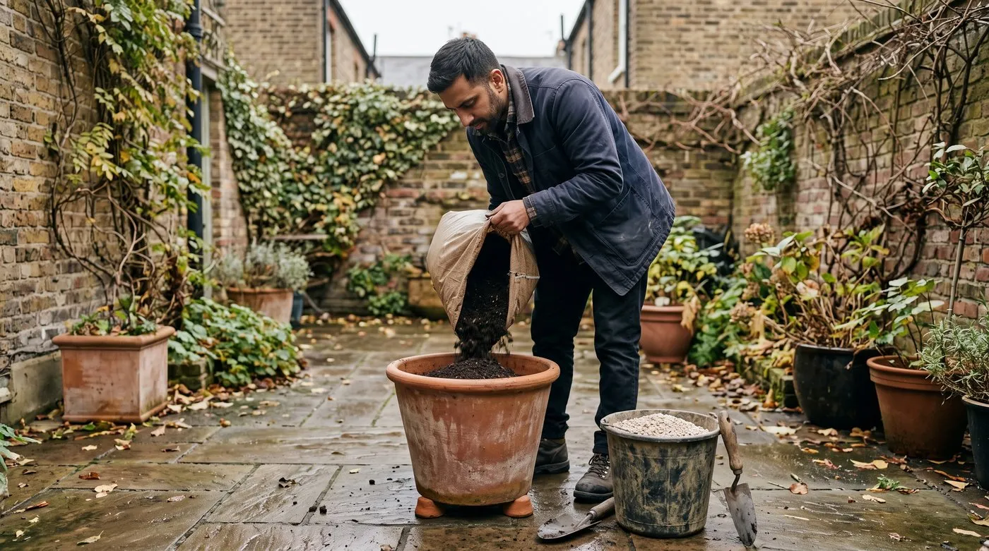 Man filling a large terracotta pot on pot feet with loam-based compost, with a bucket of grit beside it