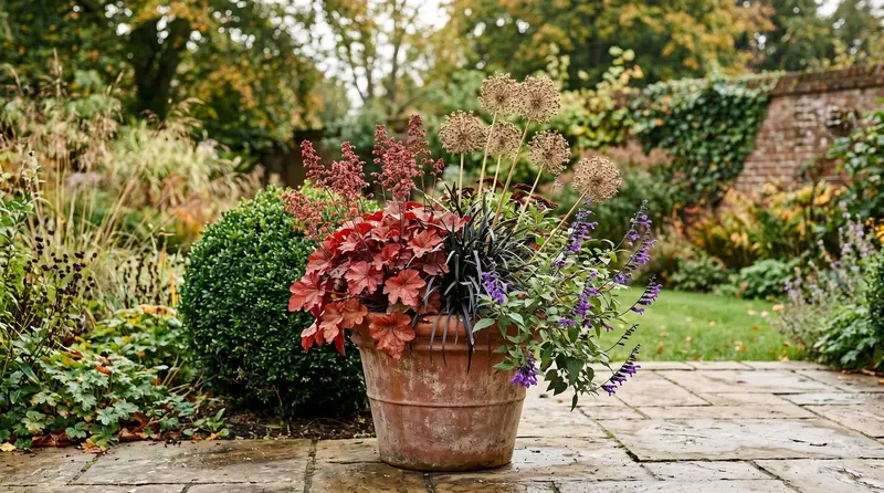 Large terracotta container with year-round layered planting on a UK patio in autumn