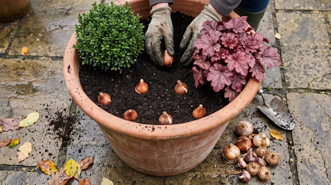 Gloved hands placing tulip bulbs between a heuchera and an evergreen ball in a large terracotta pot