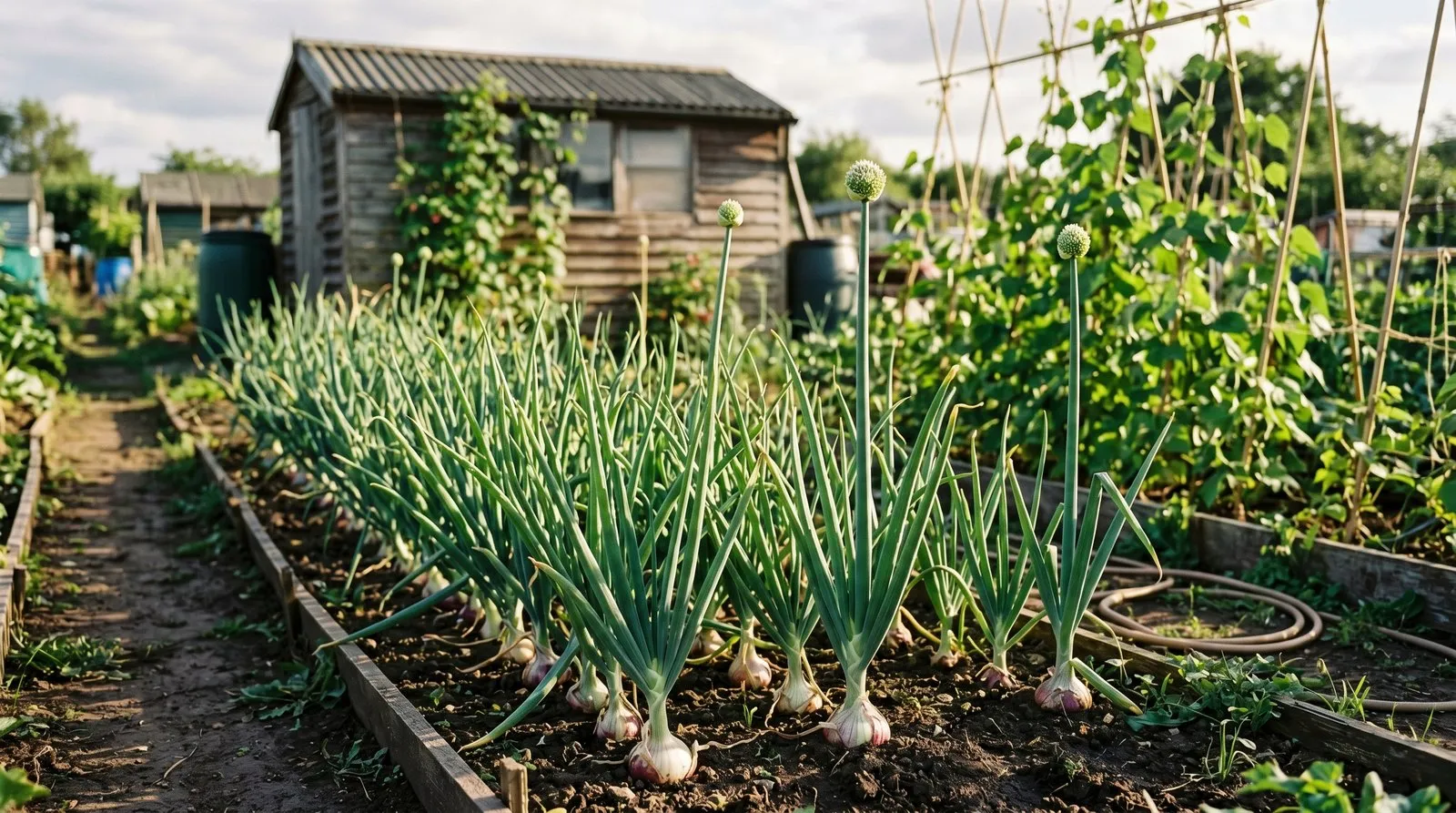 An allotment onion bed in early summer with one tall flower stalk bolting among rows of otherwise healthy onions