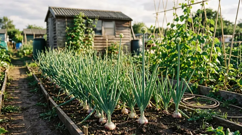 An allotment onion bed in early summer with one tall flower stalk bolting among rows of otherwise healthy onions