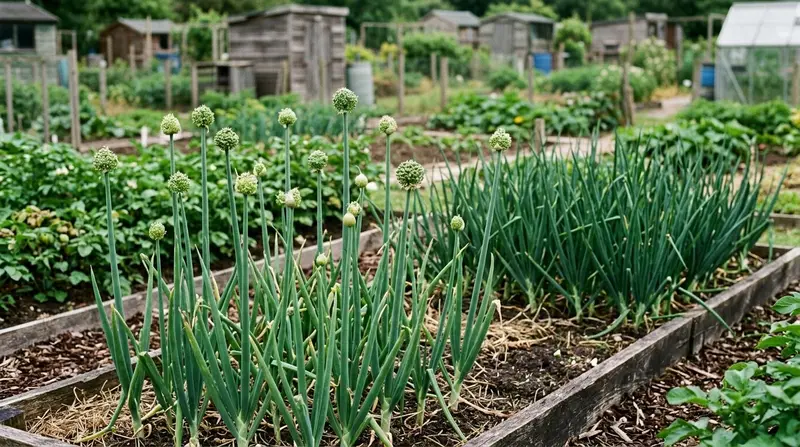 A UK allotment onion bed in June with several plants sending up tall round flower stalks, the classic sign of onions bolting