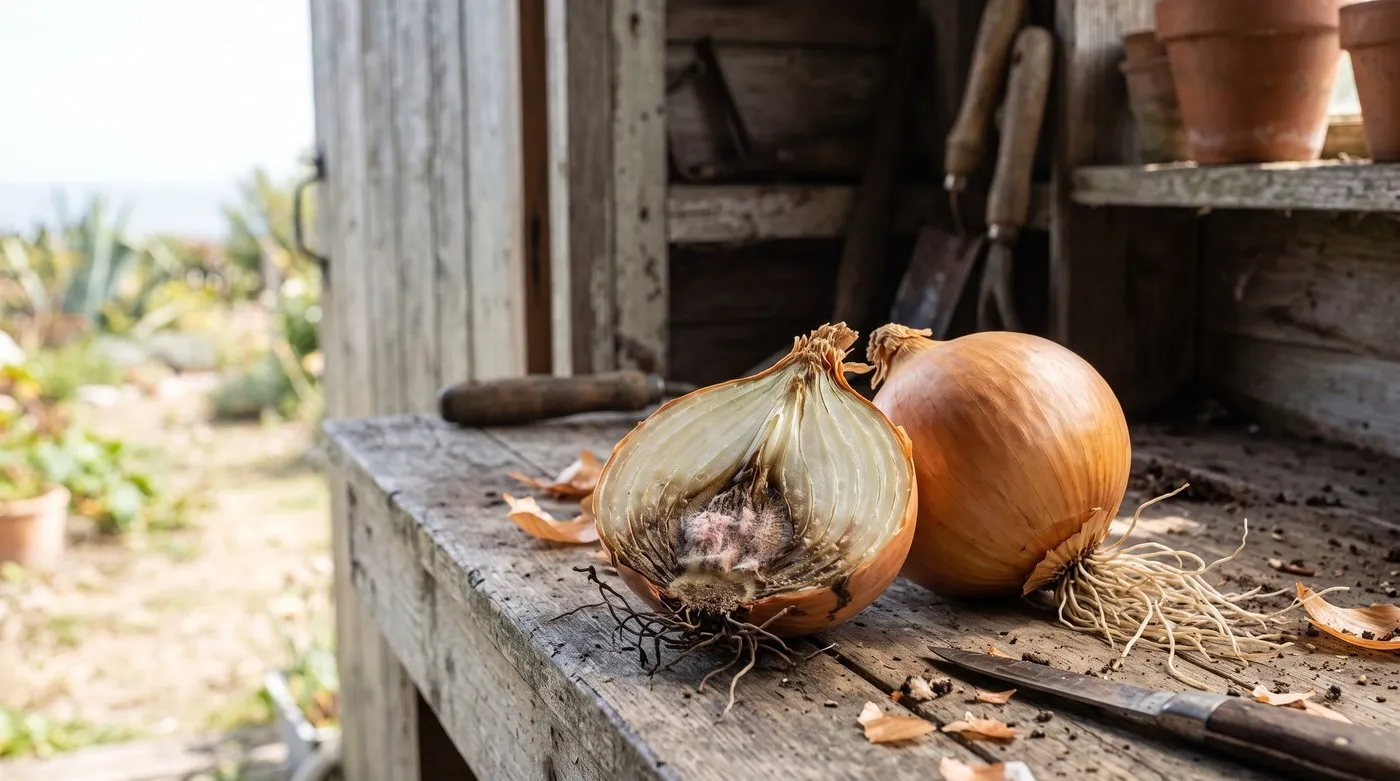 Onion cut in half showing a brown, rotting base plate with pinkish-white mould beside a healthy bulb