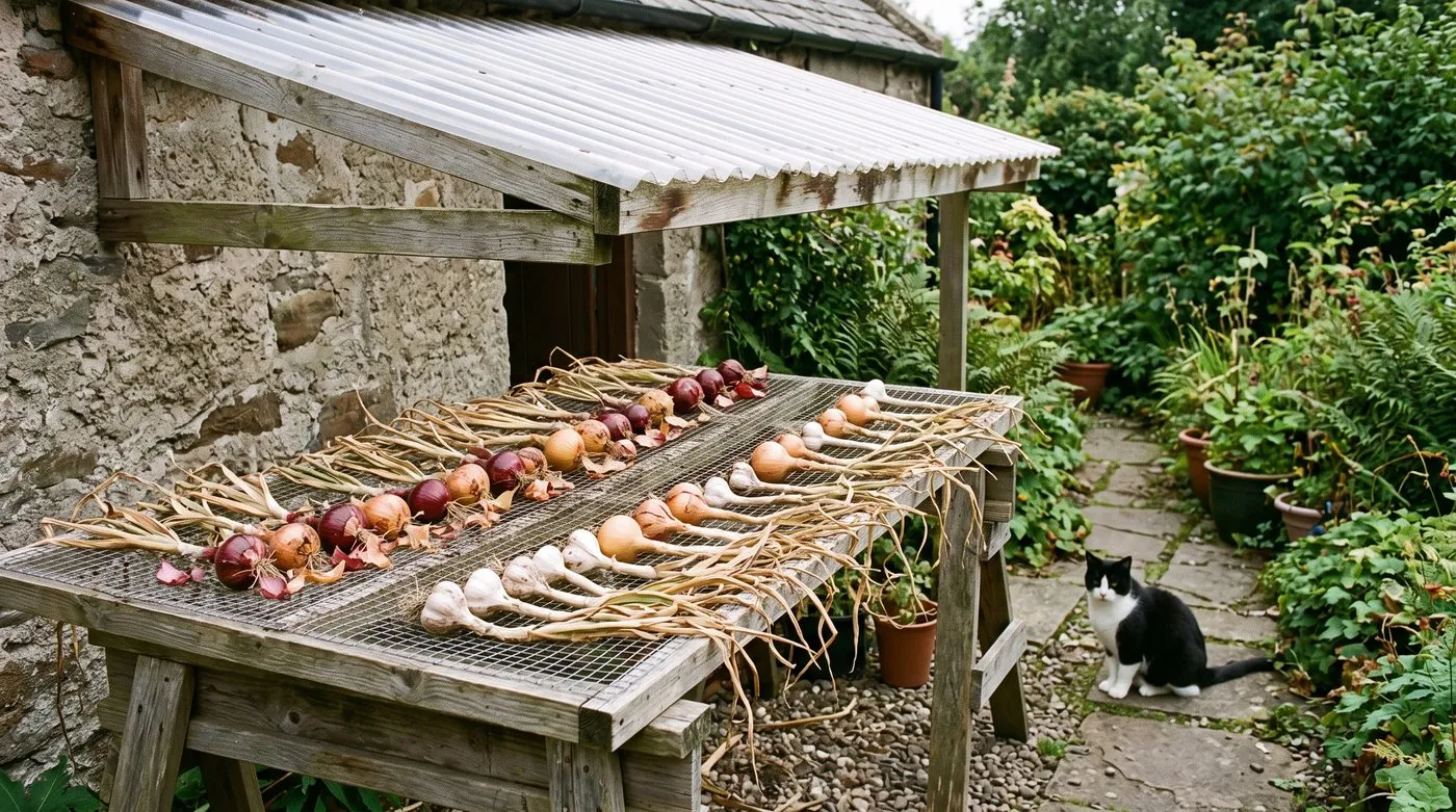 Onions and garlic drying in a single layer on a wire rack under cover, with a cat nearby