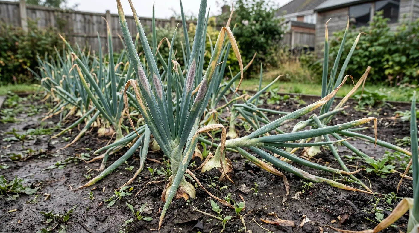 Onion leaves with pale patches, grey-purple fuzz and yellow, collapsing tips from downy mildew