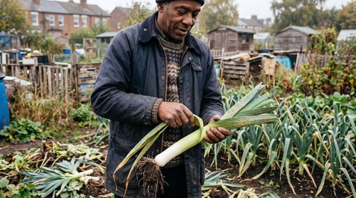 Allotment gardener peeling rusty outer leaves with orange spots off a leek to reveal the clean shank