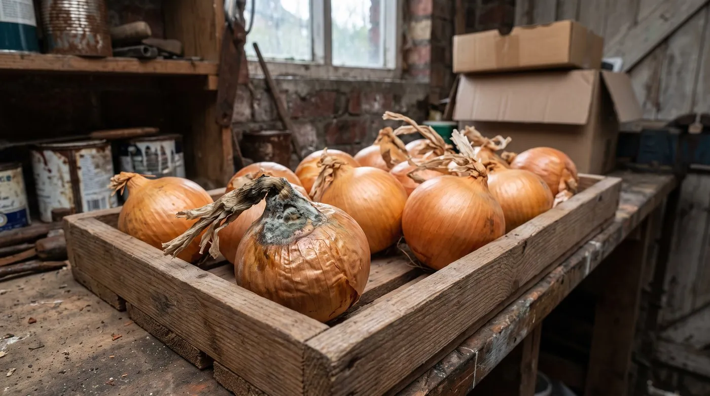 Stored onion with a soft neck covered in grey mould beside firm, healthy onions in a wooden tray