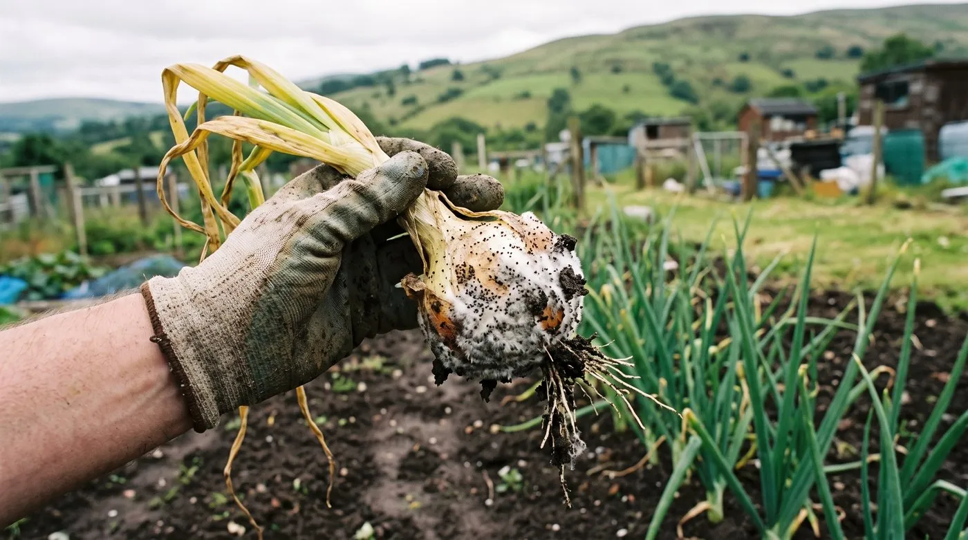 Gloved hand holding an onion with white fluffy mould and tiny black specks on the bulb base