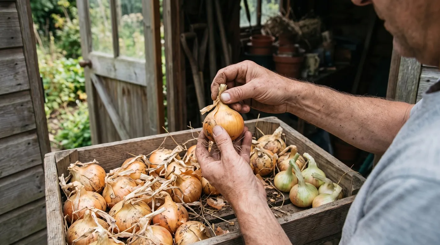 Hands squeezing the neck of a lifted onion to check if it is firm enough to store