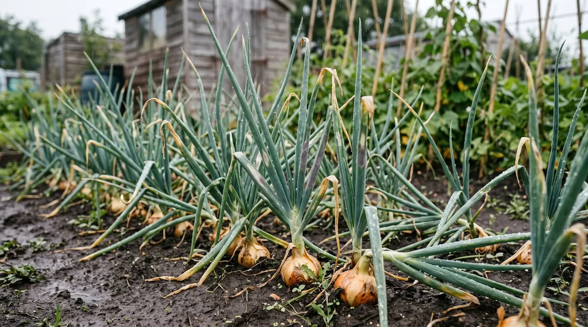 Onion leaves yellowing and folding over on a wet allotment bed