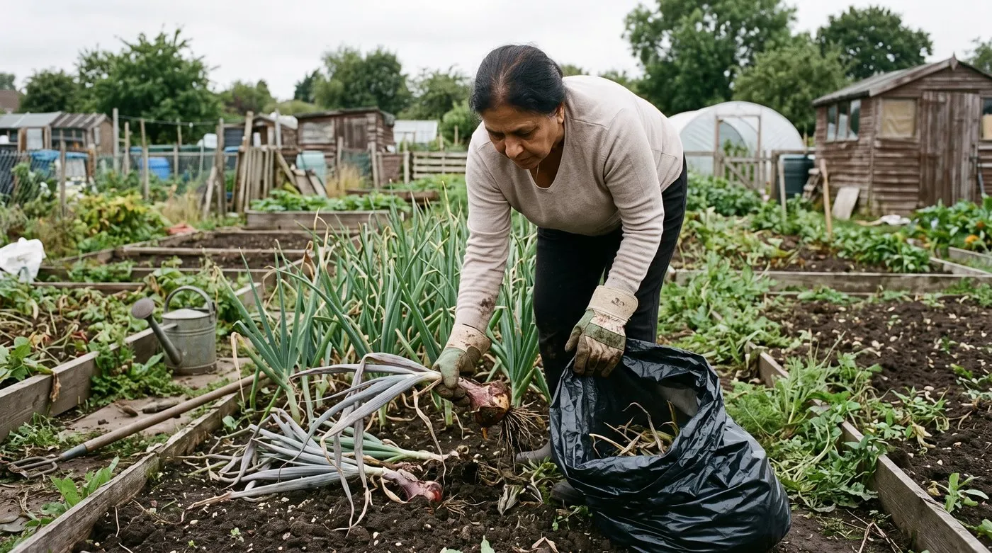 Gardener in gloves pulling an onion with downy mildew and putting it in a bin bag