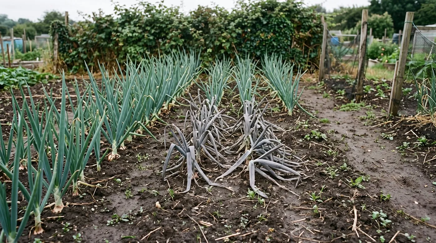 Patch of collapsed onion plants with downy mildew in the middle of an otherwise healthy row