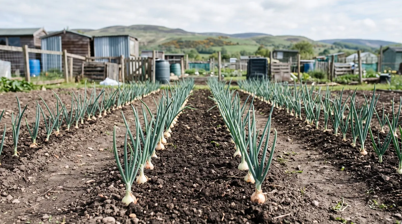 Well-spaced rows of healthy young onions in an open, sunny allotment bed