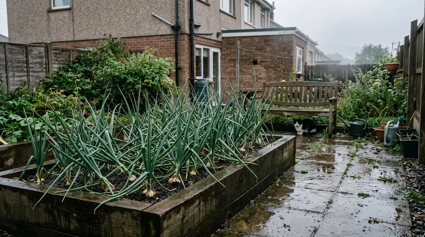Raised bed of onions on a grey, drizzly summer day with wet leaves and a cat sheltering nearby
