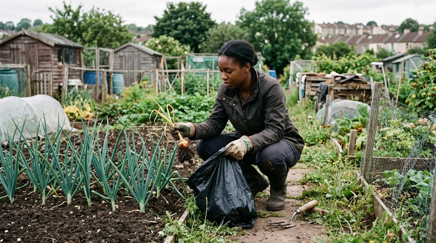 Gardener lifting a wilted young onion plant with its soil and putting it in a bin bag