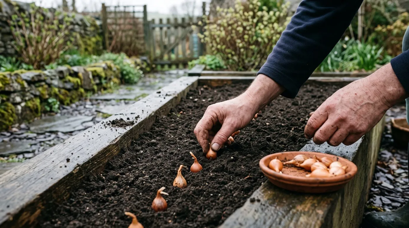Hands planting small onion sets in a row with the tips just showing above the soil