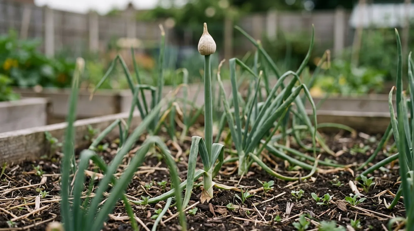 A bolting onion with a tall flower stem and papery bud rising above the leaves