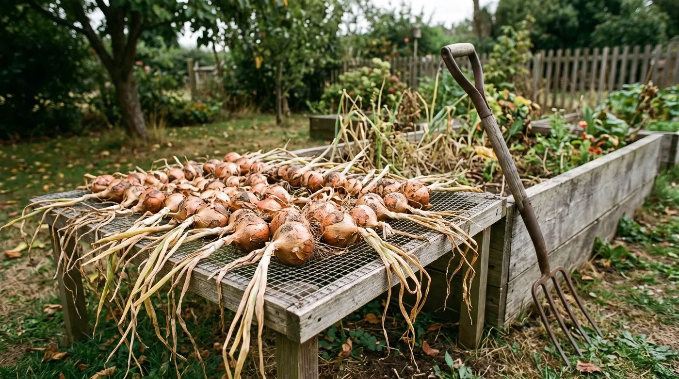 Lifted onions drying in the sun on a wire rack with their leaves still attached