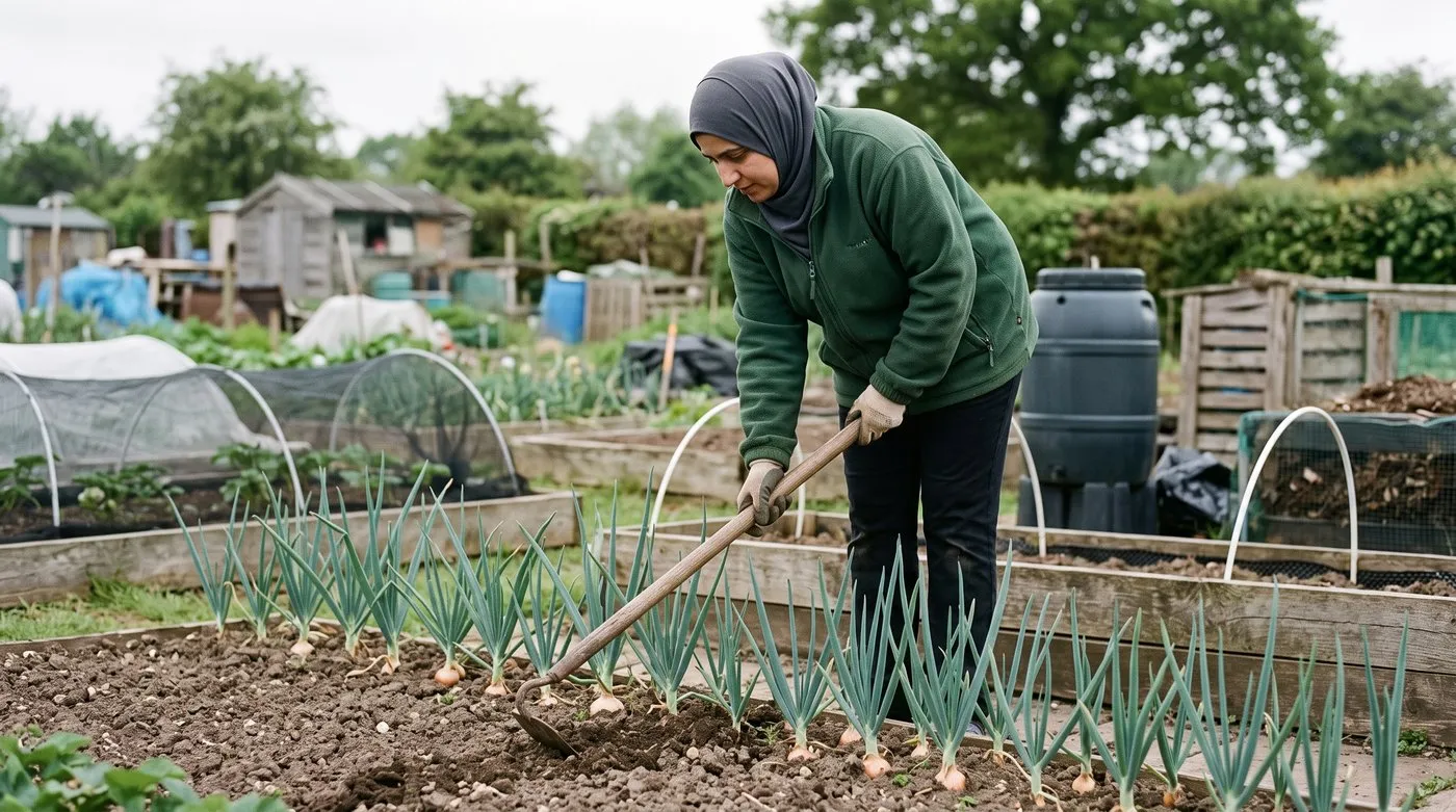 Woman in a hijab hoeing weeds between rows of young onions on an allotment
