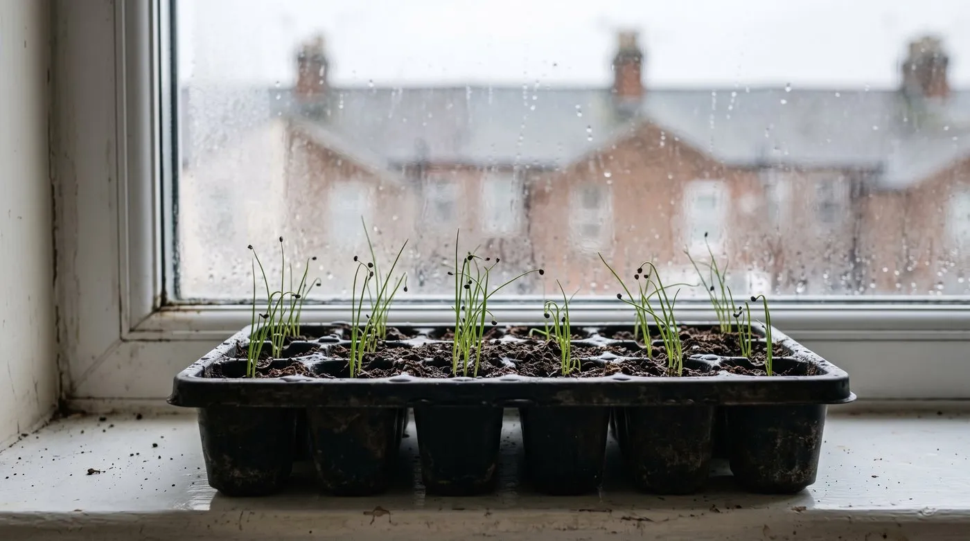Multi-sown onion seedlings growing in clumps in a module tray on a windowsill