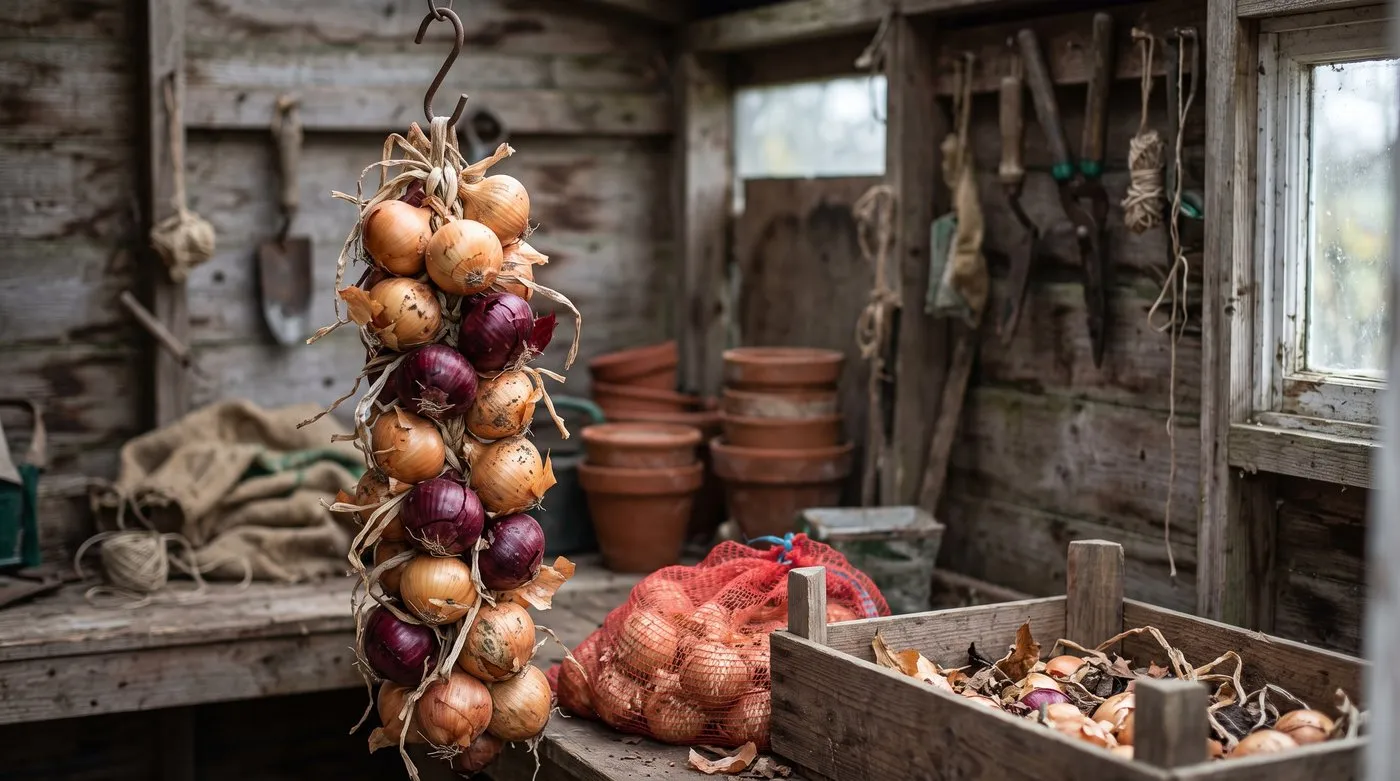 Plaited onions with papery skins hanging up to store in a cool garden shed