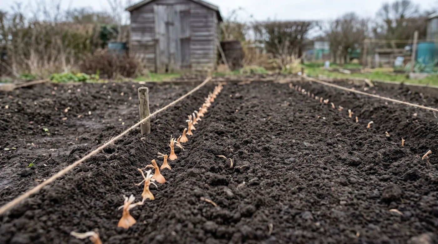 Onion sets planted in a row with just their tips showing above the soil