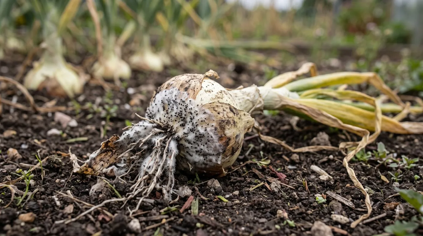 Onion bulb with fluffy white mould at the base, a sign of onion white rot
