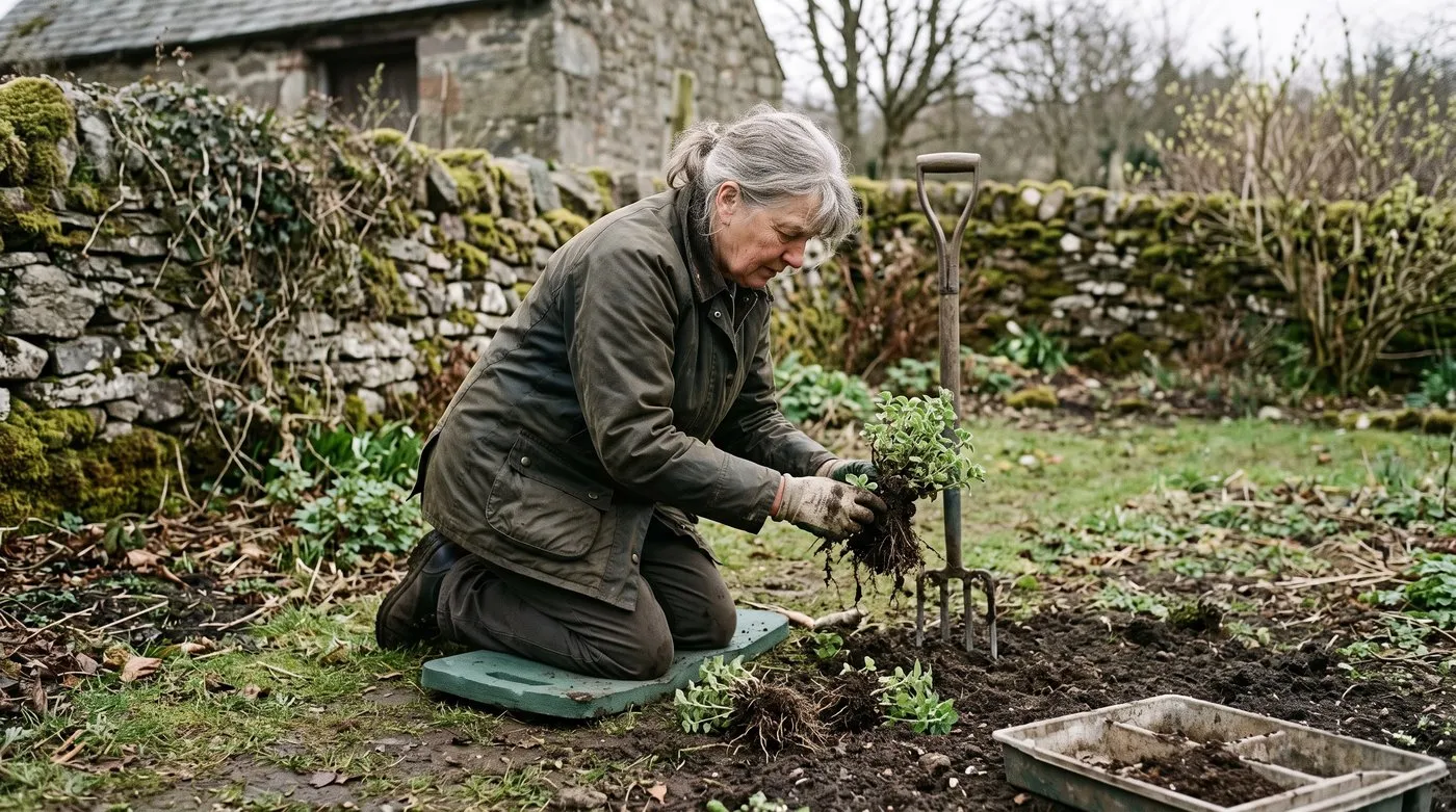Gardener splitting a lifted oregano clump into smaller pieces with roots in spring
