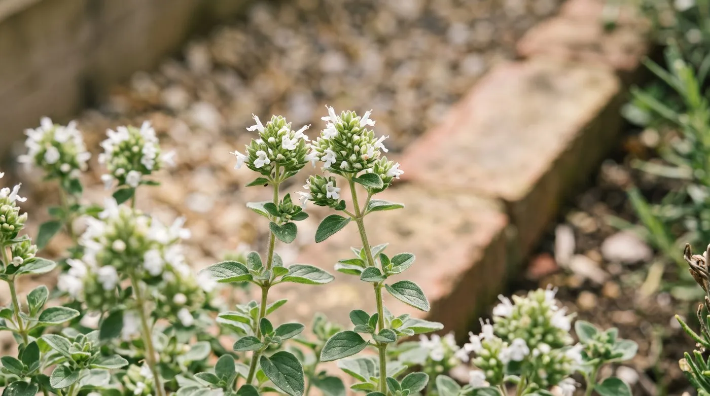 Greek oregano with small grey-green leaves and clusters of tiny white flowers