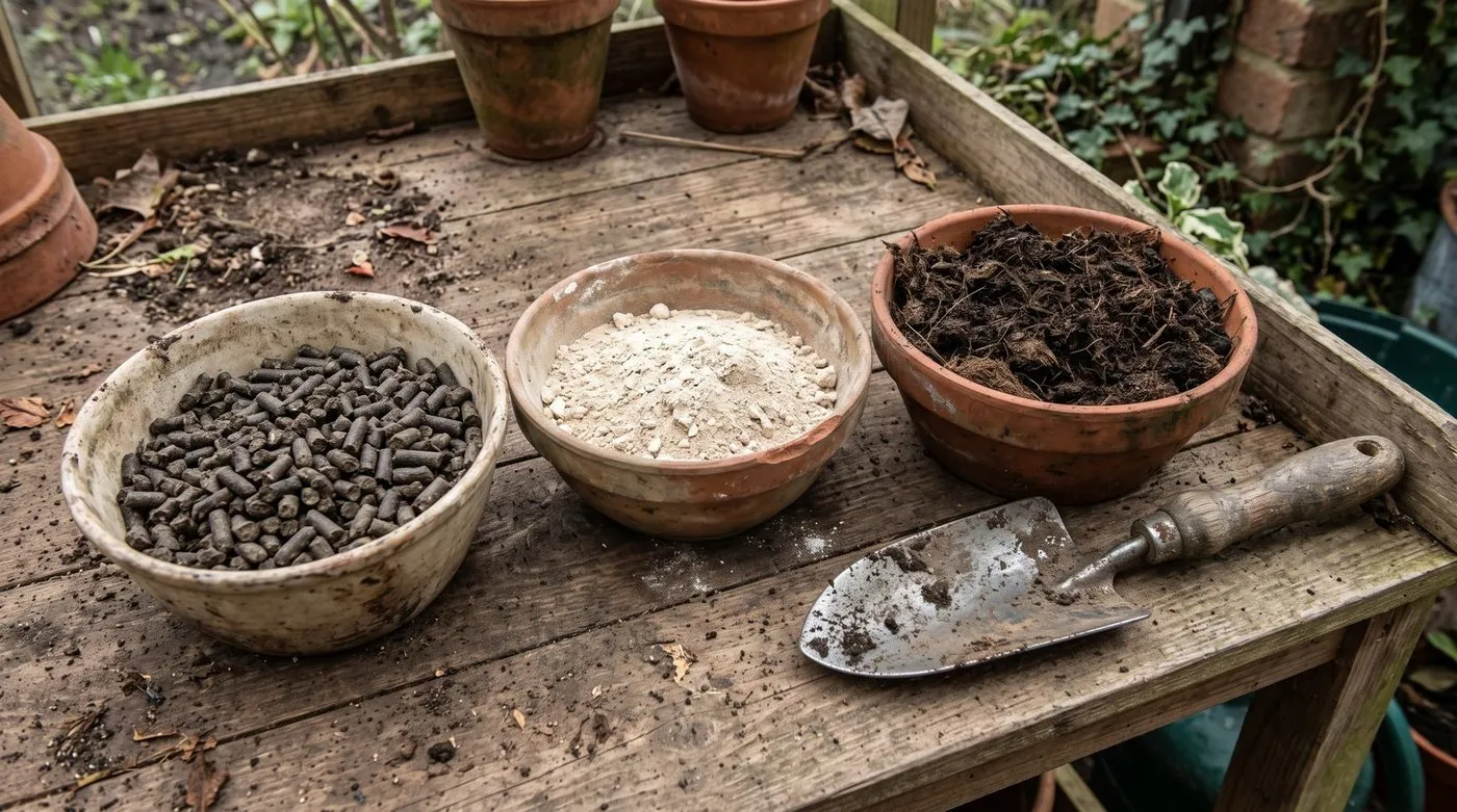 Chicken manure pellets, bone meal and well-rotted manure side by side on a potting bench