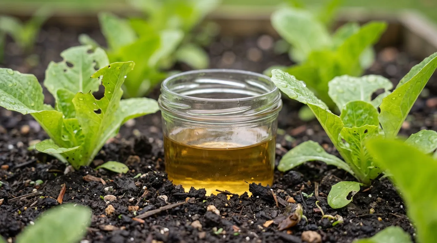 Beer slug trap made from a jam jar sunk into the soil between young lettuces
