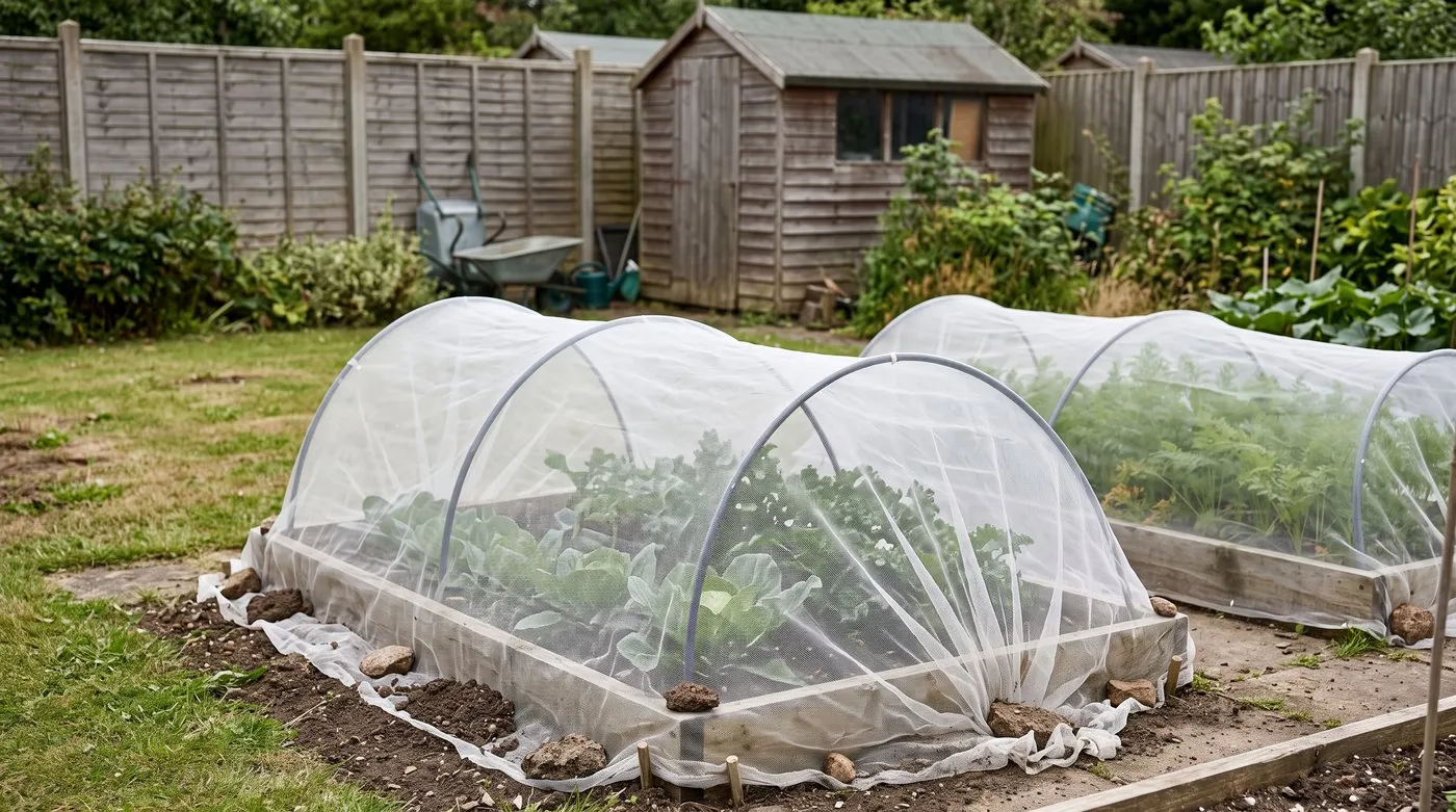 Fine insect mesh over hoops covering young cabbages and kale in a raised vegetable bed