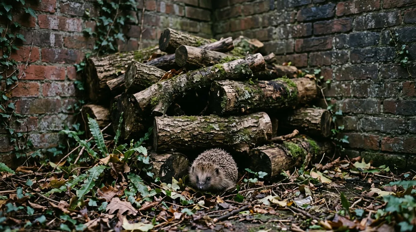 Log pile in a shady corner of a courtyard garden with a hedgehog coming out to hunt