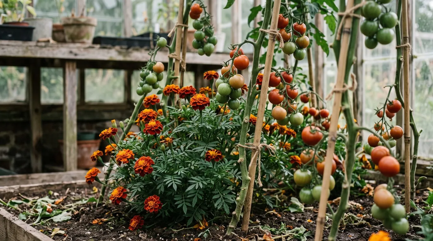 French marigolds planted between tomato plants in a greenhouse border as companion plants