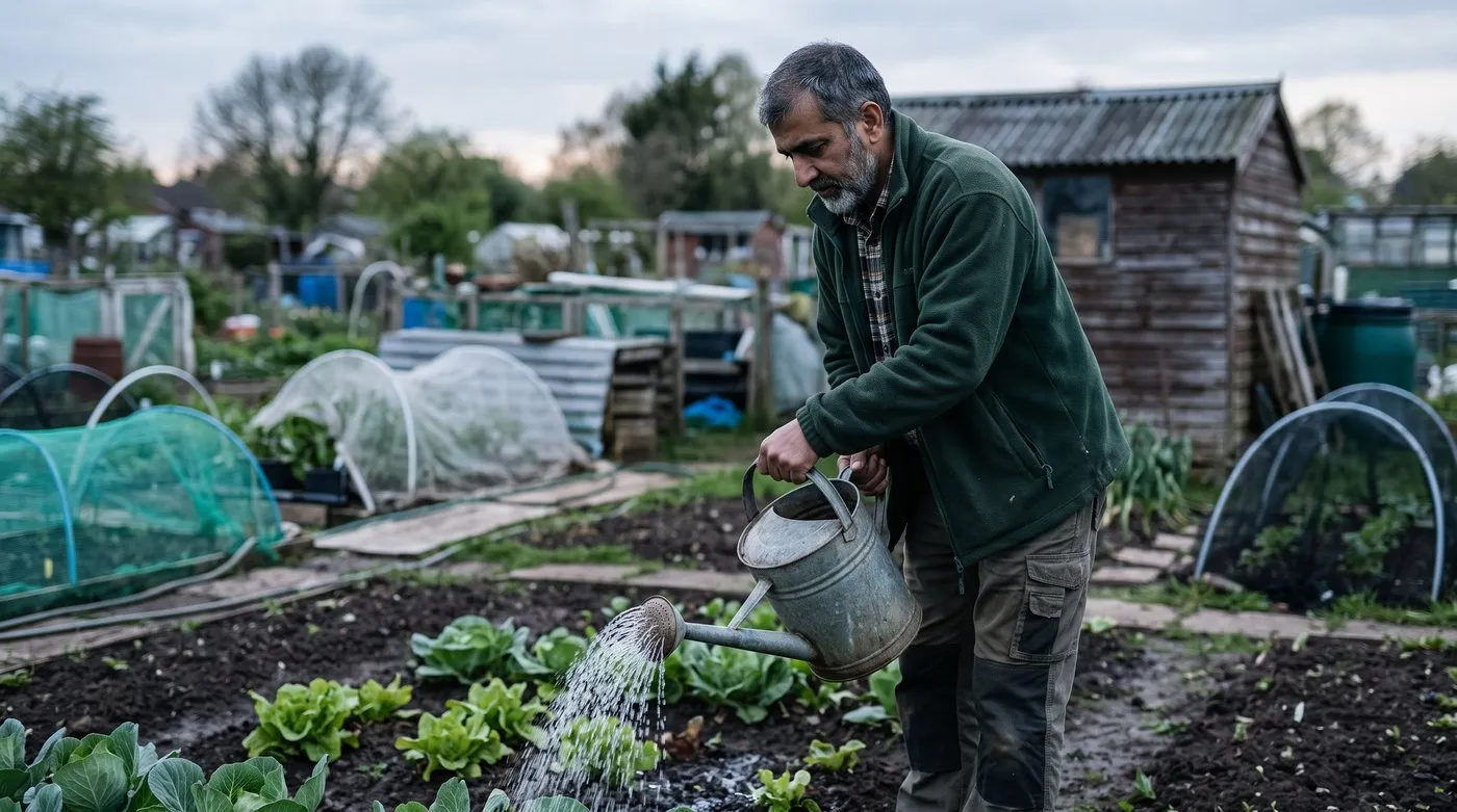 Man watering slug nematodes onto a vegetable bed on an allotment on a damp evening