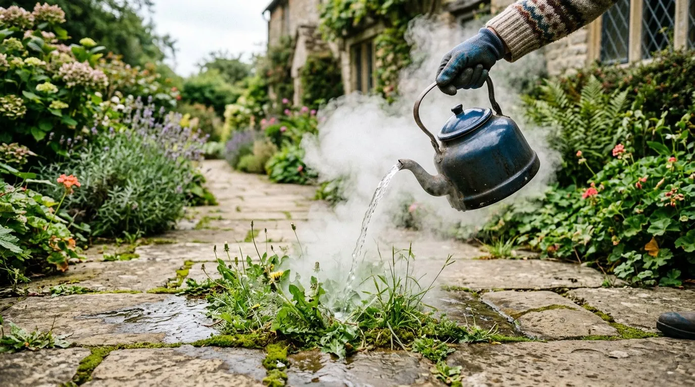 Organic weedkiller method, boiling water poured from a kettle onto weeds between paving slabs